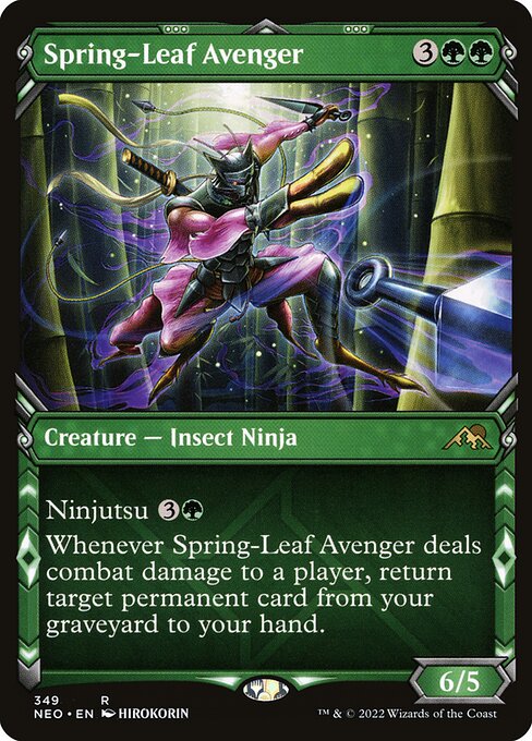 Ninjutsu {3}{G} ({3}{G}, Return an unblocked attacker you control to hand: Put this card onto the battlefield from your hand tapped and attacking.)
Whenever Spring-Leaf Avenger deals combat damage to a player, return target permanent card from your graveyard to your hand.