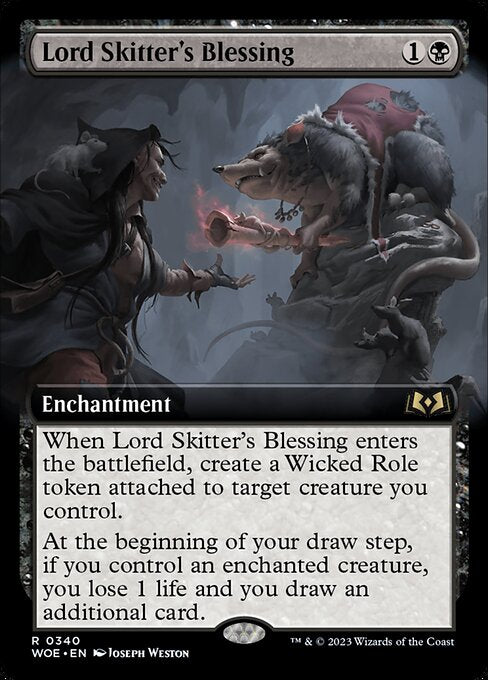 When Lord Skitter's Blessing enters the battlefield, create a Wicked Role token attached to target creature you control. (Enchanted creature gets +1/+1. When this Aura is put into a graveyard, each opponent loses 1 life.)
At the beginning of your draw step, if you control an enchanted creature, you lose 1 life and you draw an additional card.