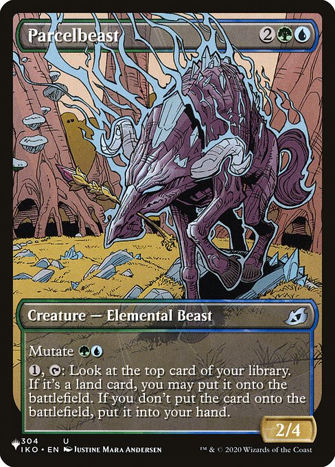 Mutate {G}{U} (If you cast this spell for its mutate cost, put it over or under target non-Human creature you own. They mutate into the creature on top plus all abilities from under it.)
{1}, {T}: Look at the top card of your library. If it's a land card, you may put it onto the battlefield. If you don't put the card onto the battlefield, put it into your hand.