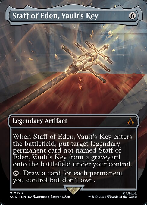 When Staff of Eden, Vault's Key enters the battlefield, put target legendary permanent card not named Staff of Eden, Vault's Key from a graveyard onto the battlefield under your control.
{T}: Draw a card for each permanent you control but don't own.