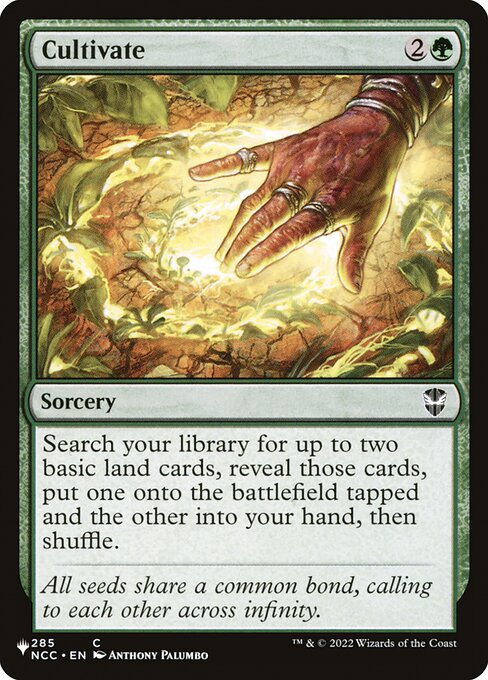 Search your library for up to two basic land cards, reveal those cards, put one onto the battlefield tapped and the other into your hand, then shuffle.
