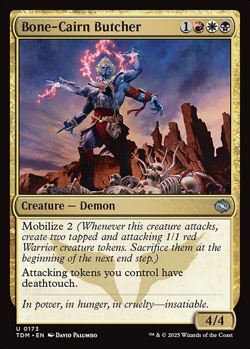 Mobilize 2 (Whenever this creature attacks, create two tapped and attacking 1/1 red Warrior creature tokens. Sacrifice them at the beginning of the next end step.)
Attacking tokens you control have deathtouch.