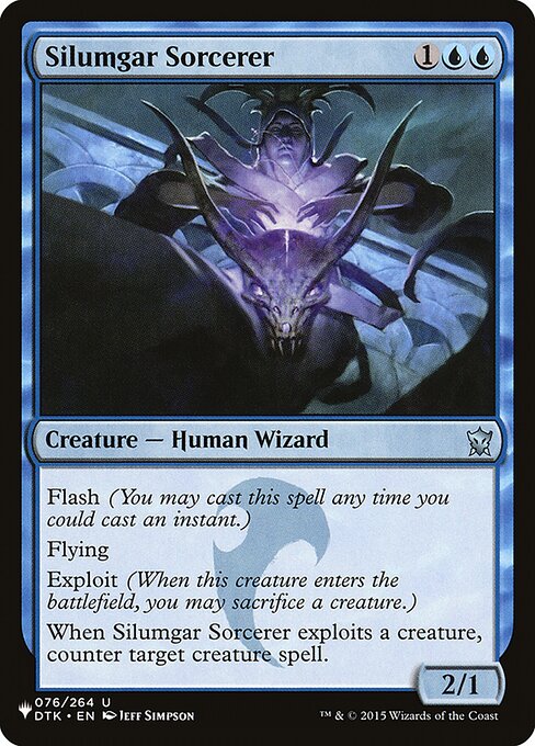 Flash (You may cast this spell any time you could cast an instant.)
Flying
Exploit (When this creature enters, you may sacrifice a creature.)
When Silumgar Sorcerer exploits a creature, counter target creature spell.