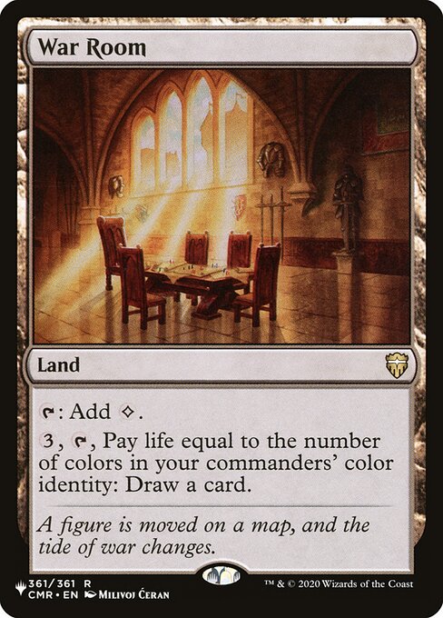 {T}: Add {C}.
{3}, {T}, Pay life equal to the number of colors in your commanders' color identity: Draw a card.