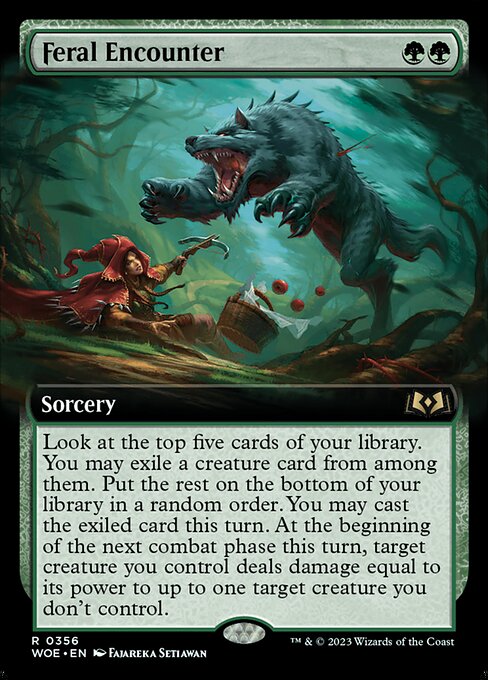 Look at the top five cards of your library. You may exile a creature card from among them. Put the rest on the bottom of your library in a random order. You may cast the exiled card this turn. At the beginning of the next combat phase this turn, target creature you control deals damage equal to its power to up to one target creature you don't control.