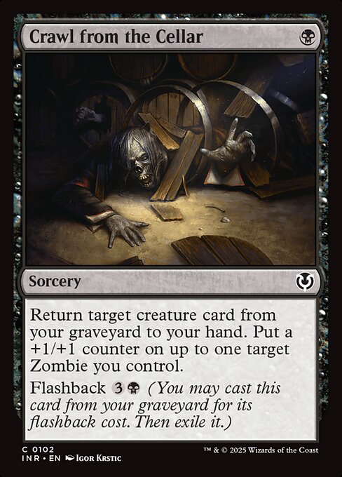 Return target creature card from your graveyard to your hand. Put a +1/+1 counter on up to one target Zombie you control.
Flashback {3}{B} (You may cast this card from your graveyard for its flashback cost. Then exile it.)