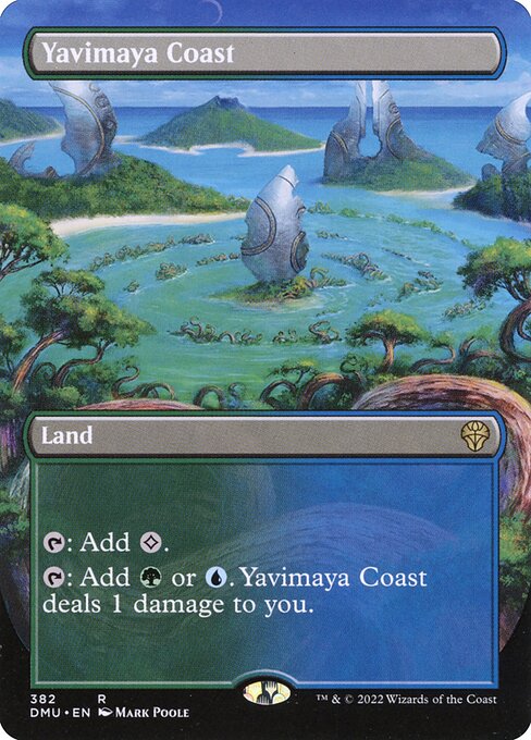 {T}: Add {C}.
{T}: Add {G} or {U}. Yavimaya Coast deals 1 damage to you.
