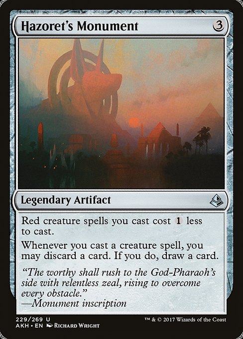 Red creature spells you cast cost {1} less to cast.
Whenever you cast a creature spell, you may discard a card. If you do, draw a card.