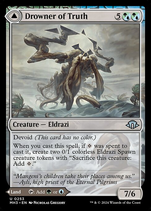 Devoid (This card has no color.)
When you cast this spell, if {C} was spent to cast it, create two 0/1 colorless Eldrazi Spawn creature tokens with "Sacrifice this creature: Add {C}."   Drowned Jungle enters the battlefield tapped.
{T}: Add {G} or {U}.