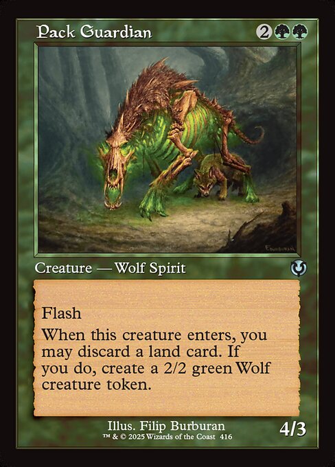 Flash (You may cast this spell any time you could cast an instant.)
When Pack Guardian enters, you may discard a land card. If you do, create a 2/2 green Wolf creature token.