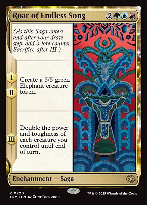 (As this Saga enters and after your draw step, add a lore counter. Sacrifice after III.)
I, II — Create a 5/5 green Elephant creature token.
III — Double the power and toughness of each creature you control until end of turn.