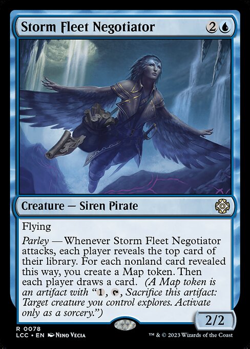 Flying
Parley — Whenever this creature attacks, each player reveals the top card of their library. For each nonland card revealed this way, you create a Map token. Then each player draws a card. (A Map token is an artifact with "{1}, {T}, Sacrifice this token: Target creature you control explores. Activate only as a sorcery.")