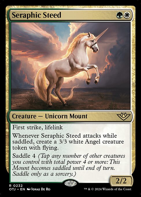 First strike, lifelink
Whenever Seraphic Steed attacks while saddled, create a 3/3 white Angel creature token with flying.
Saddle 4 (Tap any number of other creatures you control with total power 4 or more: This Mount becomes saddled until end of turn. Saddle only as a sorcery.)