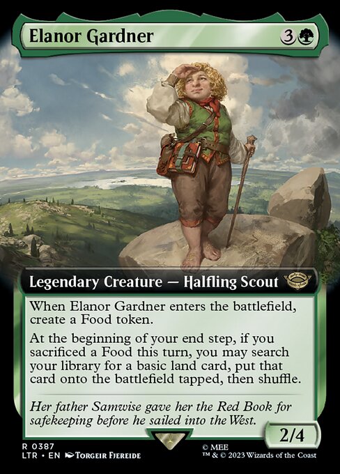 When Elanor Gardner enters the battlefield, create a Food token.
At the beginning of your end step, if you sacrificed a Food this turn, you may search your library for a basic land card, put that card onto the battlefield tapped, then shuffle.