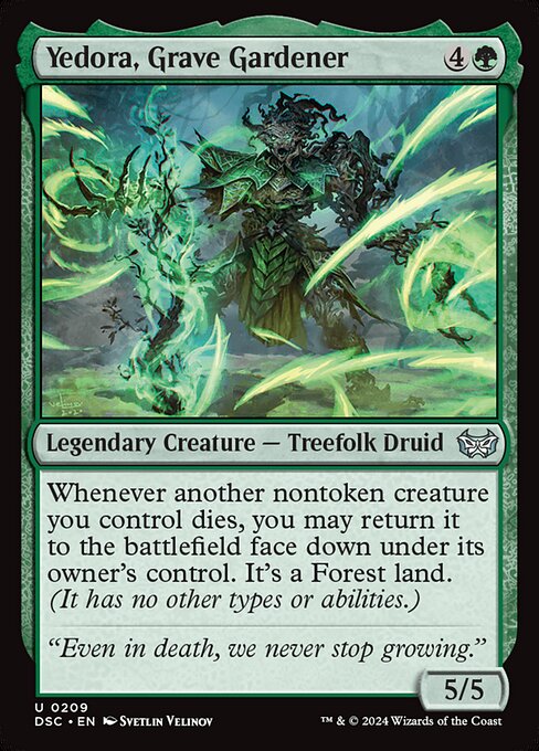 Whenever another nontoken creature you control dies, you may return it to the battlefield face down under its owner's control. It's a Forest land. (It has no other types or abilities.)