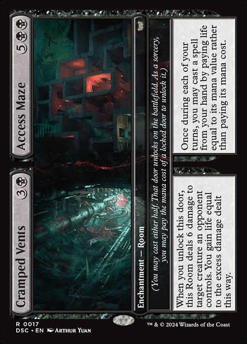 (You may cast either half. That door unlocks on the battlefield. As a sorcery, you may pay the mana cost of a locked door to unlock it.)
When you unlock this door, this Room deals 6 damage to target creature an opponent controls. You gain life equal to the excess damage dealt this way. (You may cast either half. That door unlocks on the battlefield. As a sorcery, you may pay the mana cost of a locked door to unlock it.)
Once during each of your turns, you may cast a spell from your hand by pay