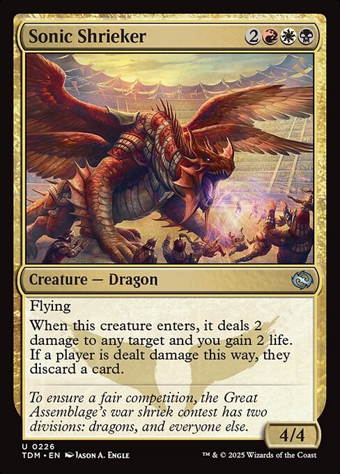 Flying
When this creature enters, it deals 2 damage to any target and you gain 2 life. If a player is dealt damage this way, they discard a card.