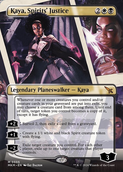 Whenever one or more creatures you control and/or creature cards in your graveyard are put into exile, you may choose a creature card from among them. Until end of turn, target token you control becomes a copy of it, except it has flying.
+2: Surveil 2, then exile a card from a graveyard.
+1: Create a 1/1 white and black Spirit creature token with flying.
−2: Exile target creature you control. For each other player, exile up to one target creature that player controls.