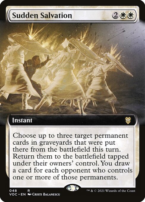 Choose up to three target permanent cards in graveyards that were put there from the battlefield this turn. Return them to the battlefield tapped under their owners' control. You draw a card for each opponent who controls one or more of those permanents.