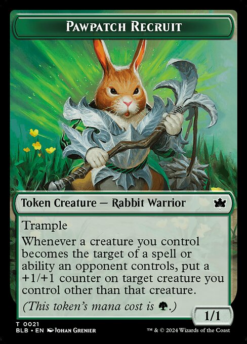 Trample
Whenever a creature you control becomes the target of a spell or ability an opponent controls, put a +1/+1 counter on target creature you control other than that creature.
(This token's mana cost is {G}.)