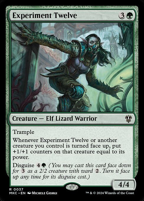Trample
Whenever Experiment Twelve or another creature you control is turned face up, put +1/+1 counters on that creature equal to its power.
Disguise {4}{G} (You may cast this card face down for {3} as a 2/2 creature with ward {2}. Turn it face up any time for its disguise cost.)