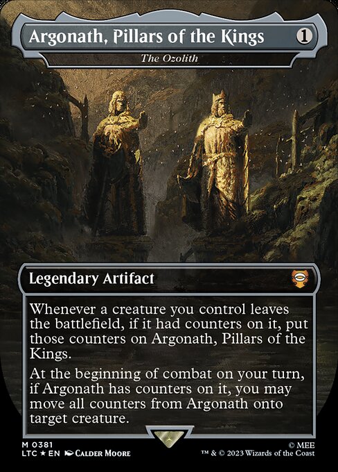 Whenever a creature you control leaves the battlefield, if it had counters on it, put those counters on The Ozolith.
At the beginning of combat on your turn, if The Ozolith has counters on it, you may move all counters from The Ozolith onto target creature.