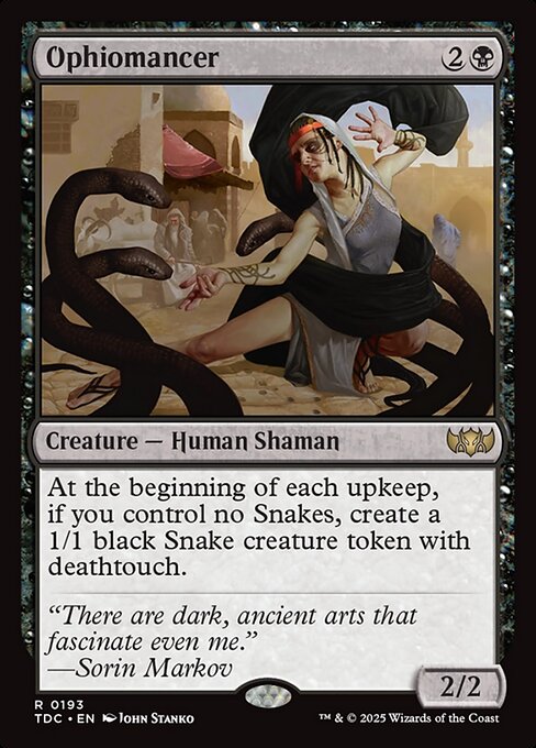 At the beginning of each upkeep, if you control no Snakes, create a 1/1 black Snake creature token with deathtouch.
