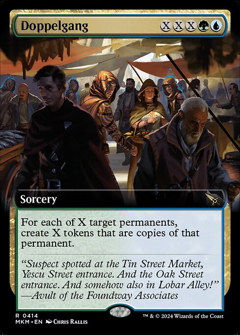 For each of X target permanents, create X tokens that are copies of that permanent.