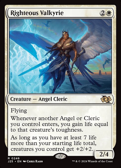 Flying
Whenever another Angel or Cleric you control enters, you gain life equal to that creature's toughness.
As long as you have at least 7 life more than your starting life total, creatures you control get +2/+2.
