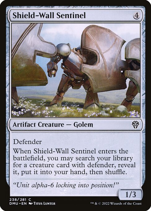 Defender
When Shield-Wall Sentinel enters the battlefield, you may search your library for a creature card with defender, reveal it, put it into your hand, then shuffle.