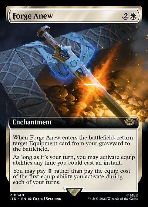 When Forge Anew enters the battlefield, return target Equipment card from your graveyard to the battlefield.
As long as it's your turn, you may activate equip abilities any time you could cast an instant.
You may pay {0} rather than pay the equip cost of the first equip ability you activate during each of your turns.
