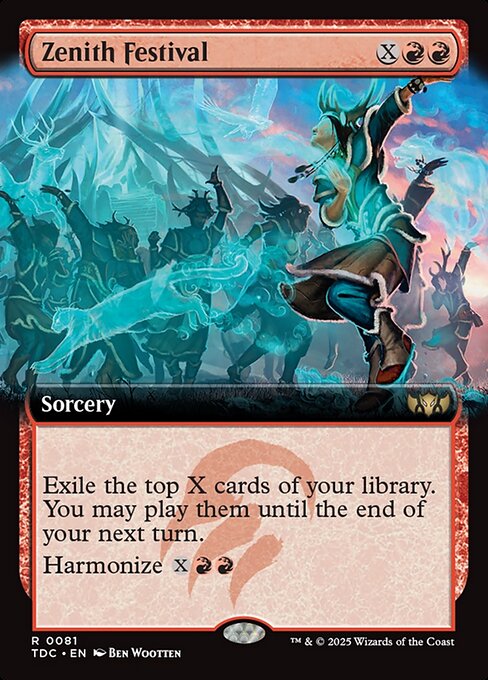 Exile the top X cards of your library. You may play them until the end of your next turn.
Harmonize {X}{R}{R} (You may cast this card from your graveyard for its harmonize cost. You may tap a creature you control to reduce that cost by an amount of generic mana equal to its power. Then exile this spell.)