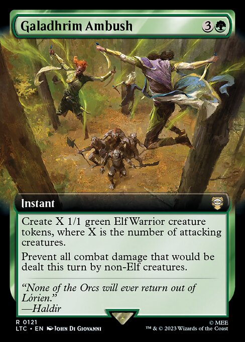 Create X 1/1 green Elf Warrior creature tokens, where X is the number of attacking creatures.
Prevent all combat damage that would be dealt this turn by non-Elf creatures.