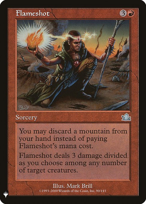 You may discard a Mountain card rather than pay this spell's mana cost.
Flameshot deals 3 damage divided as you choose among one, two, or three target creatures.