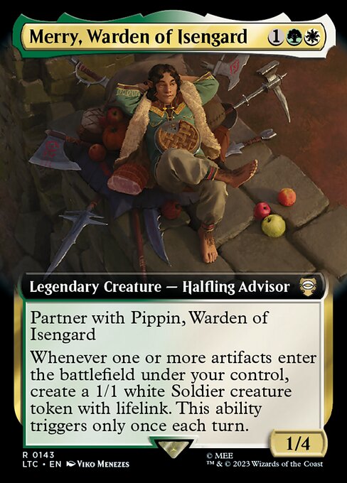 Partner with Pippin, Warden of Isengard (When this creature enters, target player may put Pippin into their hand from their library, then shuffle.)
Whenever one or more artifacts you control enter, create a 1/1 white Soldier creature token with lifelink. This ability triggers only once each turn.
