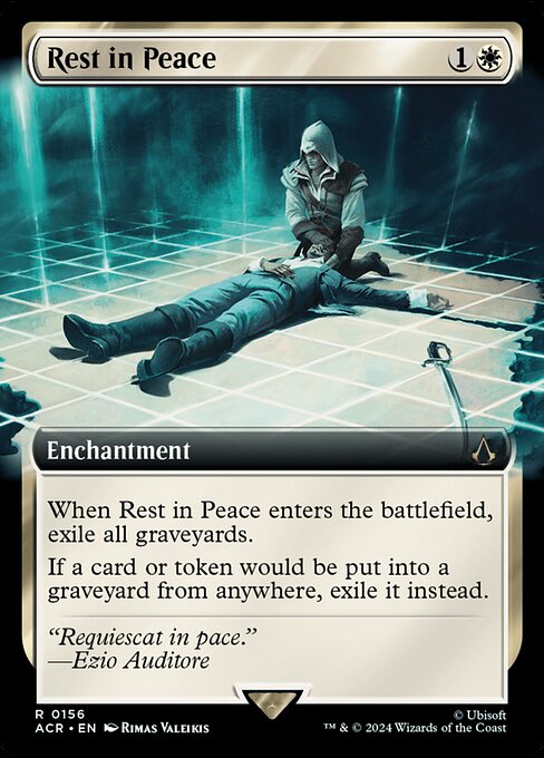 When Rest in Peace enters the battlefield, exile all graveyards.
If a card or token would be put into a graveyard from anywhere, exile it instead.