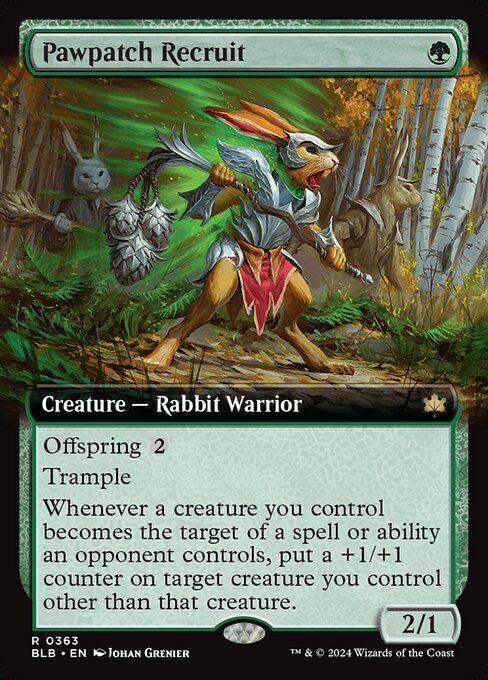 Offspring {2} (You may pay an additional {2} as you cast this spell. If you do, when this creature enters, create a 1/1 token copy of it.)
Trample
Whenever a creature you control becomes the target of a spell or ability an opponent controls, put a +1/+1 counter on target creature you control other than that creature.