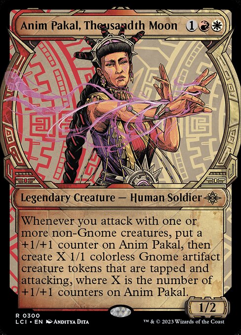 Whenever you attack with one or more non-Gnome creatures, put a +1/+1 counter on Anim Pakal, then create X 1/1 colorless Gnome artifact creature tokens that are tapped and attacking, where X is the number of +1/+1 counters on Anim Pakal.