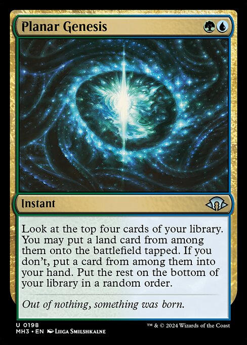 Look at the top four cards of your library. You may put a land card from among them onto the battlefield tapped. If you don't, put a card from among them into your hand. Put the rest on the bottom of your library in a random order.