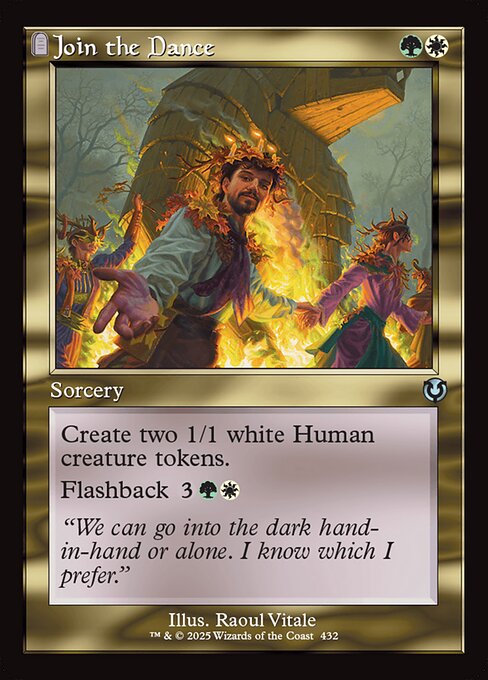 Create two 1/1 white Human creature tokens.
Flashback {3}{G}{W} (You may cast this card from your graveyard for its flashback cost. Then exile it.)