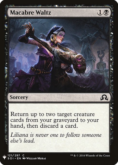 Return up to two target creature cards from your graveyard to your hand, then discard a card.