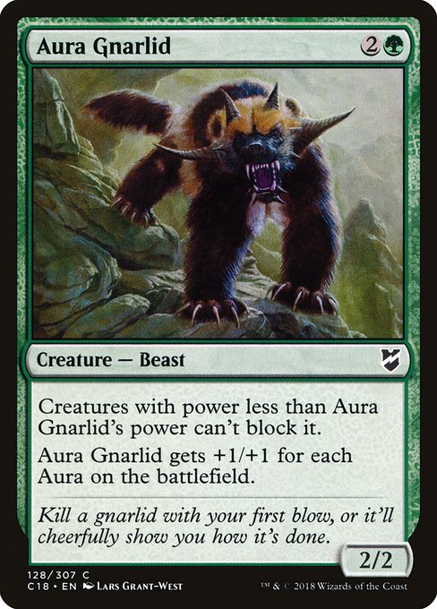 Creatures with power less than Aura Gnarlid's power can't block it.
Aura Gnarlid gets +1/+1 for each Aura on the battlefield.