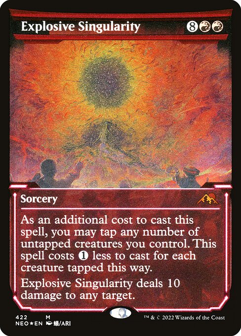 As an additional cost to cast this spell, you may tap any number of untapped creatures you control. This spell costs {1} less to cast for each creature tapped this way.
Explosive Singularity deals 10 damage to any target.