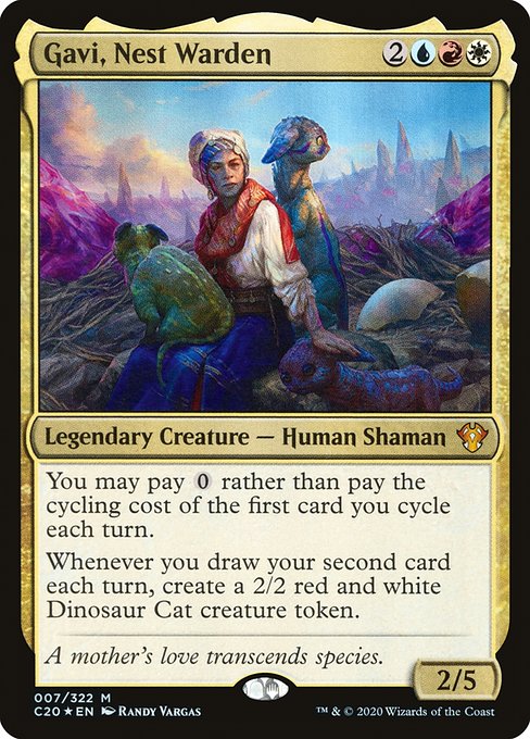 You may pay {0} rather than pay the cycling cost of the first card you cycle each turn.
Whenever you draw your second card each turn, create a 2/2 red and white Dinosaur Cat creature token.