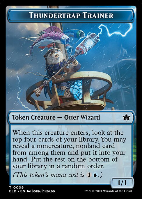 When this creature enters, look at the top four cards of your library. You may reveal a noncreature, nonland card from among them and put it into your hand. Put the rest on the bottom of your library in a random order.
(This token's mana cost is {1}{U}.)