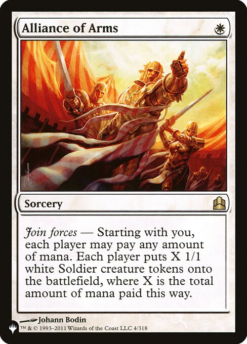 Join forces — Starting with you, each player may pay any amount of mana. Each player creates X 1/1 white Soldier creature tokens, where X is the total amount of mana paid this way.
