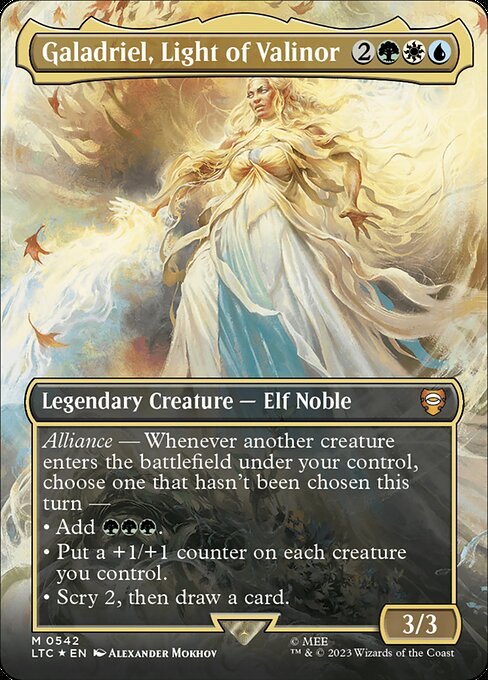 Alliance — Whenever another creature you control enters, choose one that hasn't been chosen this turn —
• Add {G}{G}{G}.
• Put a +1/+1 counter on each creature you control.
• Scry 2, then draw a card.