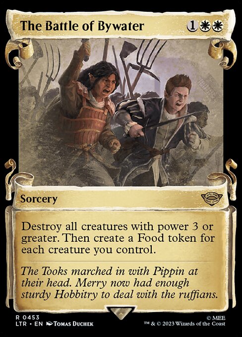Destroy all creatures with power 3 or greater. Then create a Food token for each creature you control. (It's an artifact with "{2}, {T}, Sacrifice this artifact: You gain 3 life.")