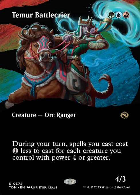 During your turn, spells you cast cost {1} less to cast for each creature you control with power 4 or greater.