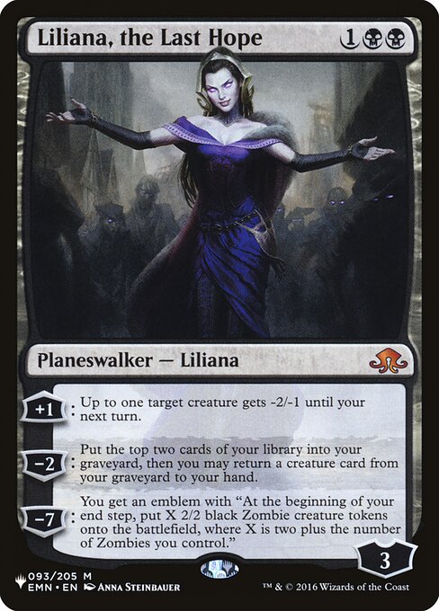 +1: Up to one target creature gets -2/-1 until your next turn.
−2: Mill two cards, then you may return a creature card from your graveyard to your hand.
−7: You get an emblem with "At the beginning of your end step, create X 2/2 black Zombie creature tokens, where X is two plus the number of Zombies you control."
